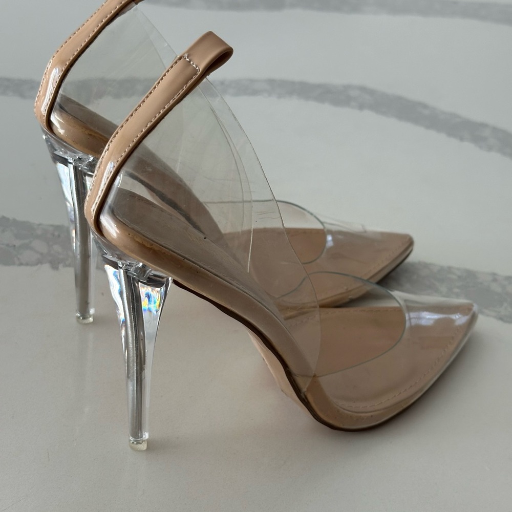 Clear Pointed Toe Stiletto Heels in Nude 8